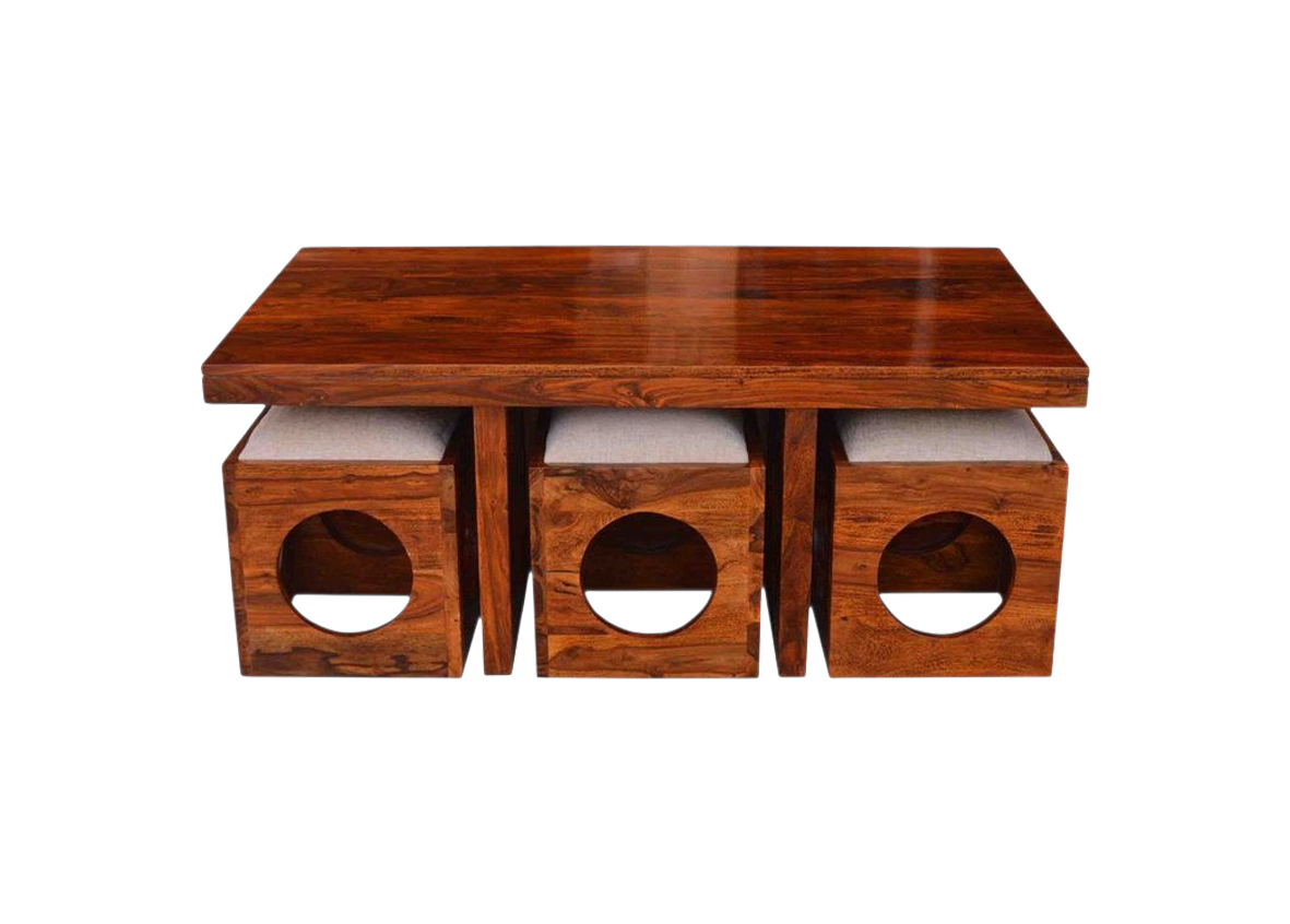 Solid Clear Antique Coffee Table with 3 Cushioned Stools