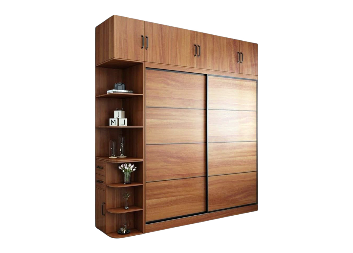 Clear Mahogany Sliding Wardrobe with Top Drobes & Curved Side Shelves