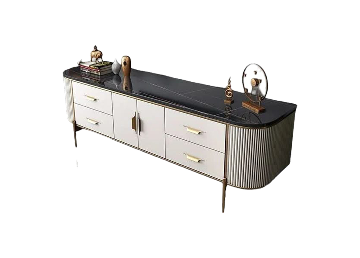 Cream White TV Stand with Gold Accents & Black Marble Top
