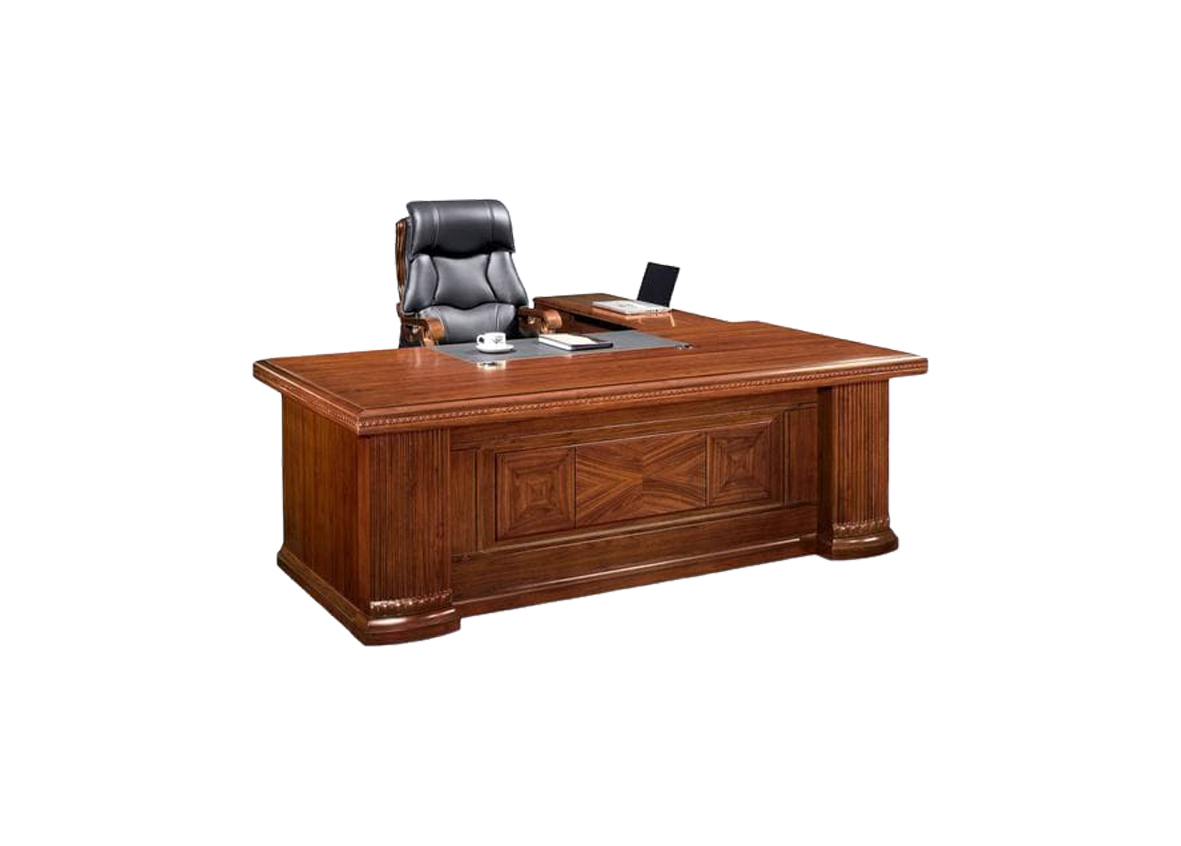 Executive Mahogany Clear Office Desk with comfy chair and a movable drawer