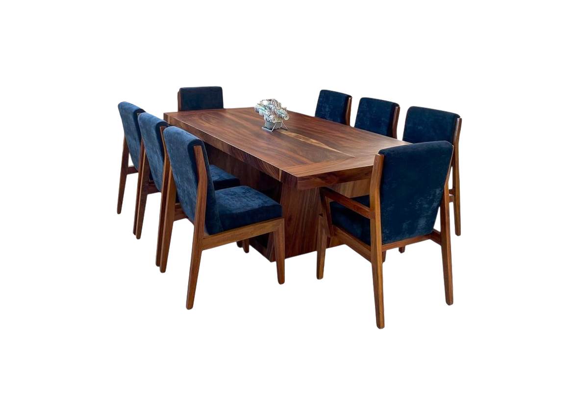 Solid Mahogany Dining Table Set with Cushioned Blue Chairs