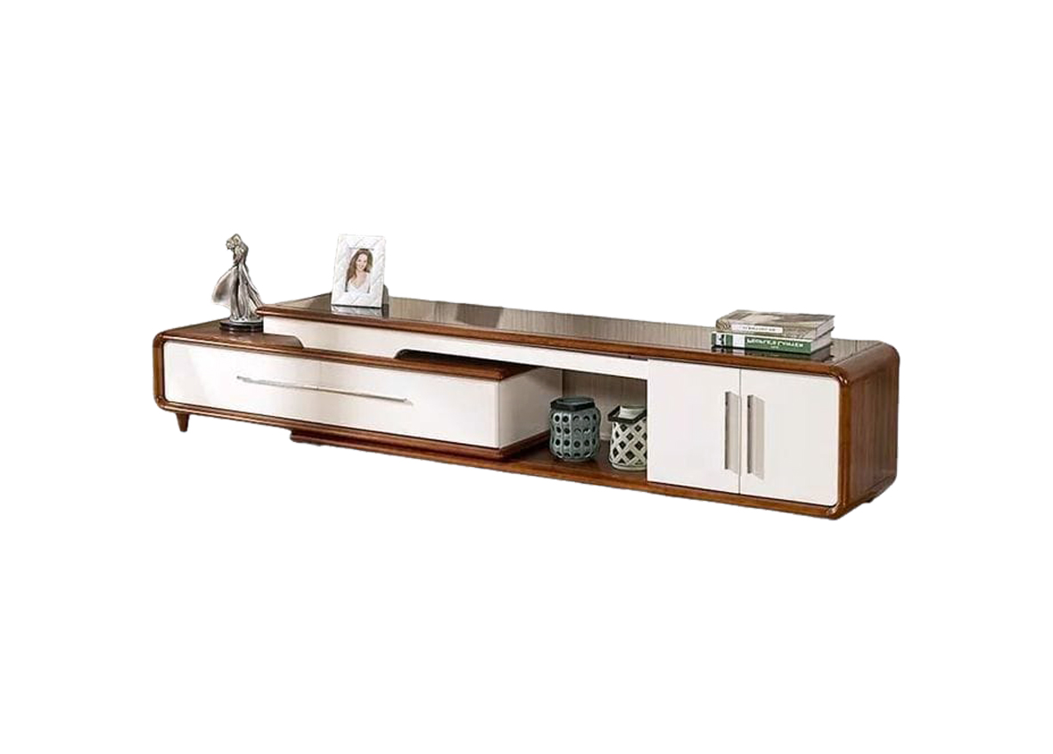 Simple TV Stand Console – White & Brown Finish with Silver Handles