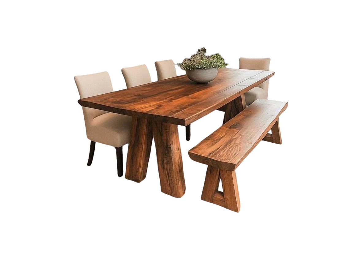 Clear Natural Solid Mahogany Dining Table Set with 4 Cushioned Beige Chairs & Bench