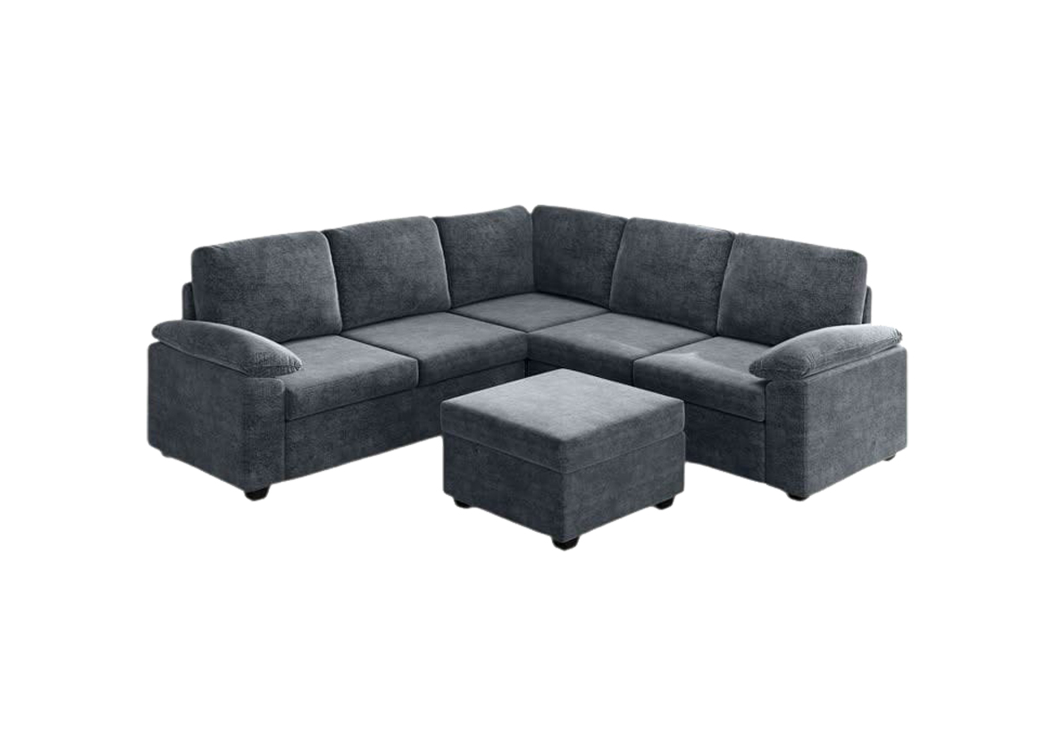 Grey Velvet L-Shaped Sofa Set with Footrest