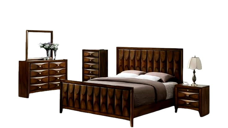 King Size Mahogany Bed Set – Clear Dark Finish with Side Cabinets, Drawers & Mirror