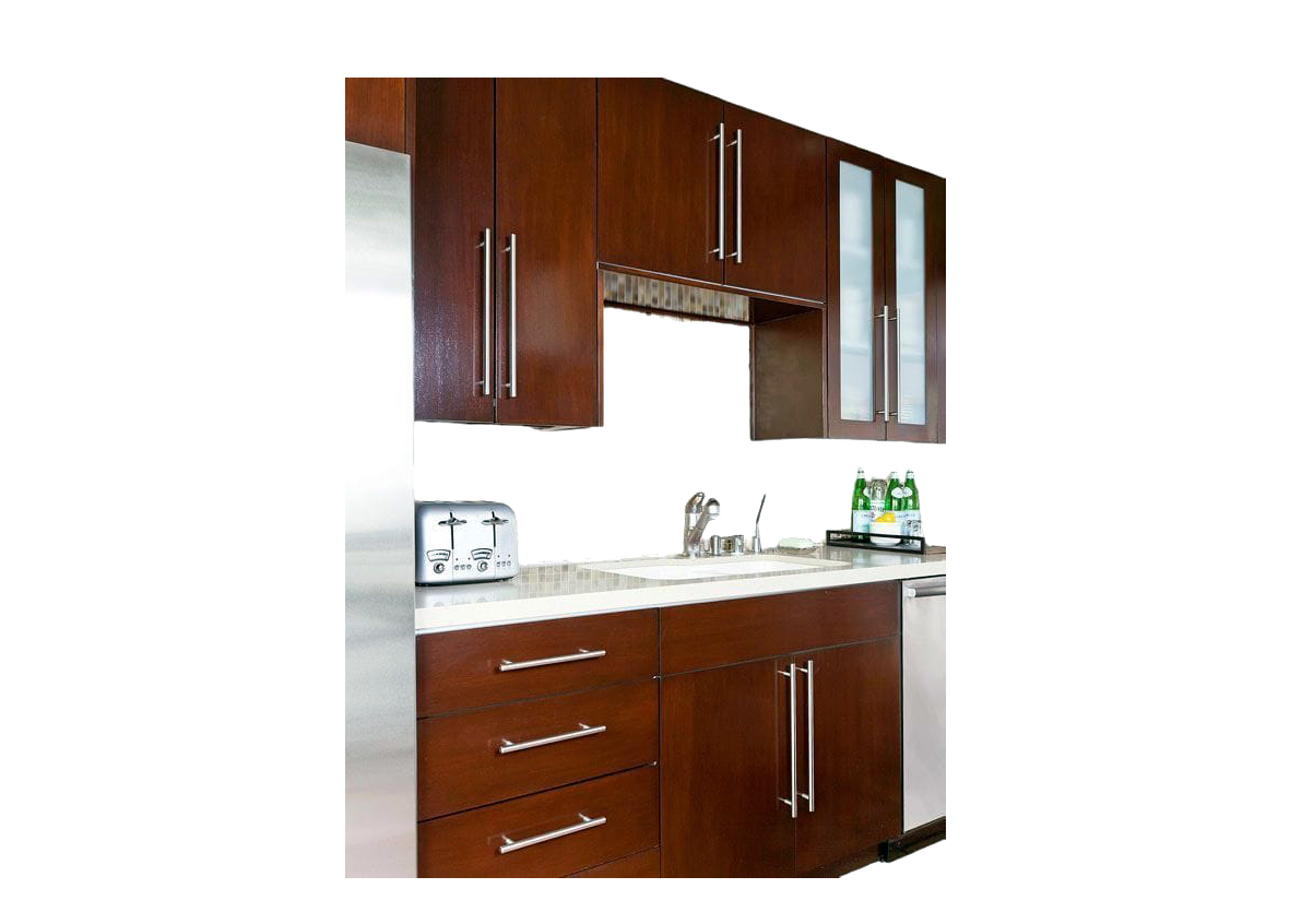 Clear Dark Solid Wood Kitchen Cabinet – Glazed Doors & Silver Handles