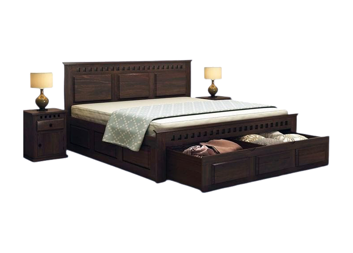 Clear Dark Solid Mahogany Bed with Matching Side Drawers