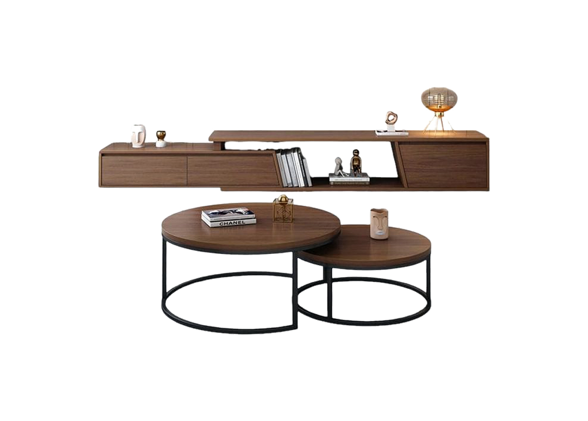 Clear Brown TV Stand with Matching Circular Coffee Table