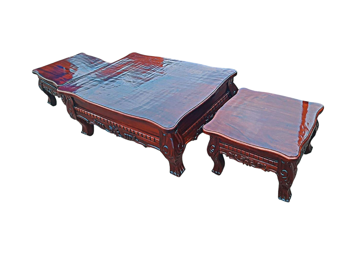 Clear Dark Brown Antique Solid Mahogany Coffee Table with 2 Stools