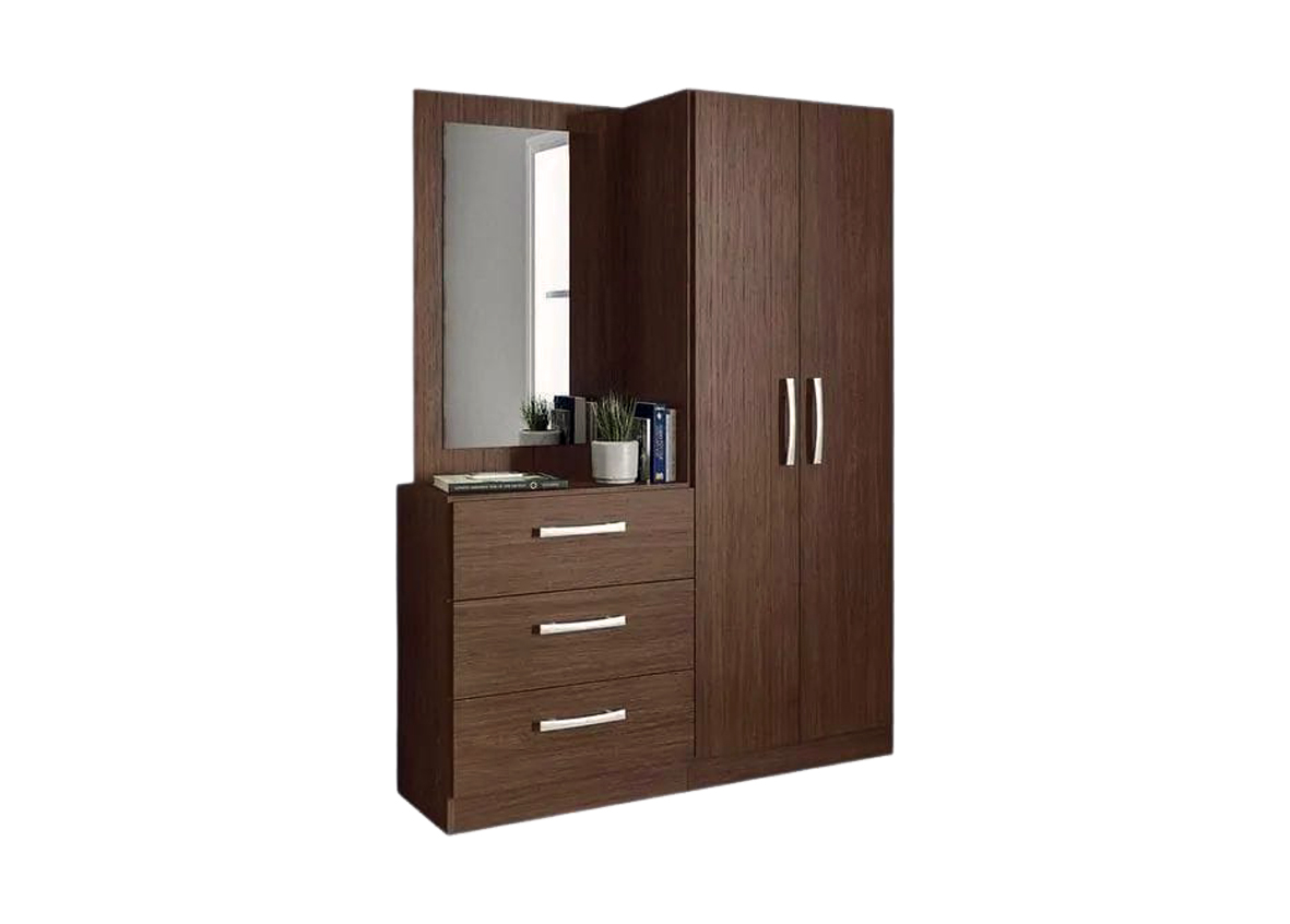 Simple Clear Brown Wardrobe with 2 Doors, Side Mirror & 4 Drawers