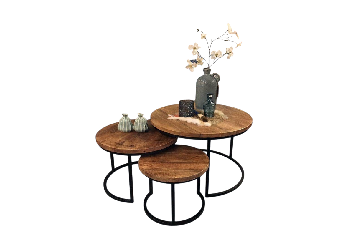 3-Piece Circular Coffee Table Set – Clear Chocolate Finish with Steel Stands