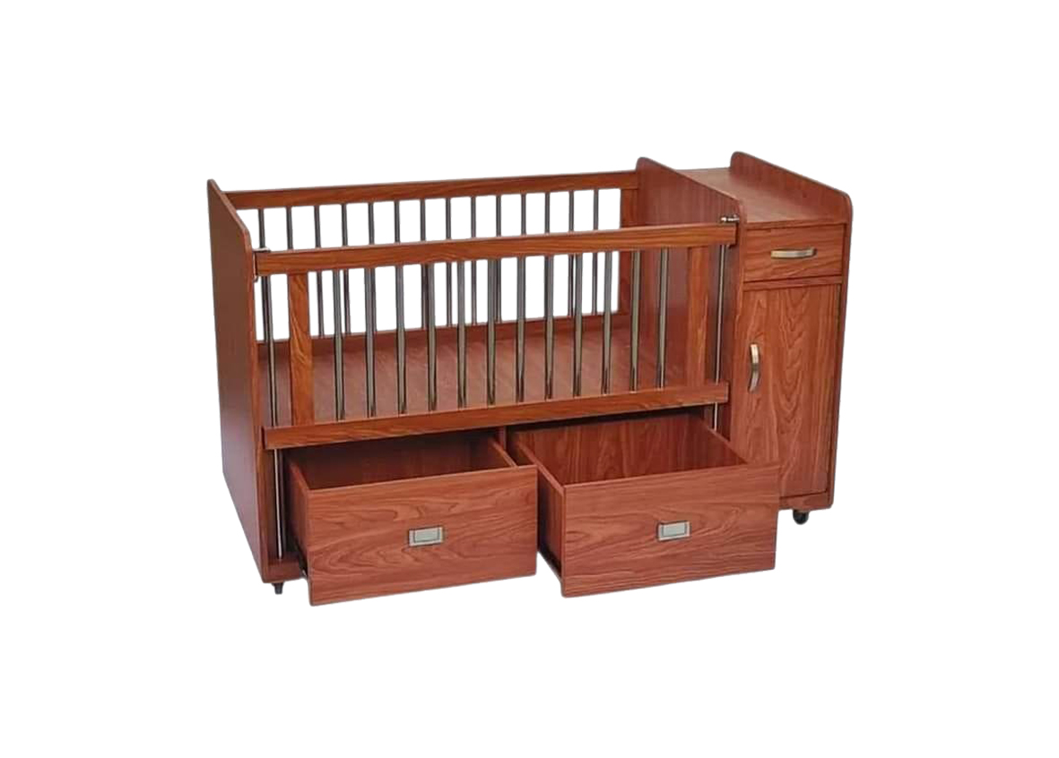 Solid Clear Mahogany Baby Cot with Steel Rods & Storage Drawers