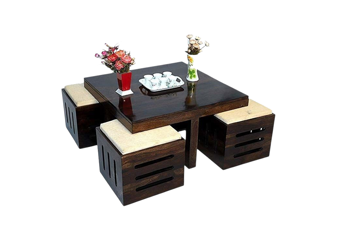 Clear Dark Solid Wood Coffee Table with 4 Cushioned Stools