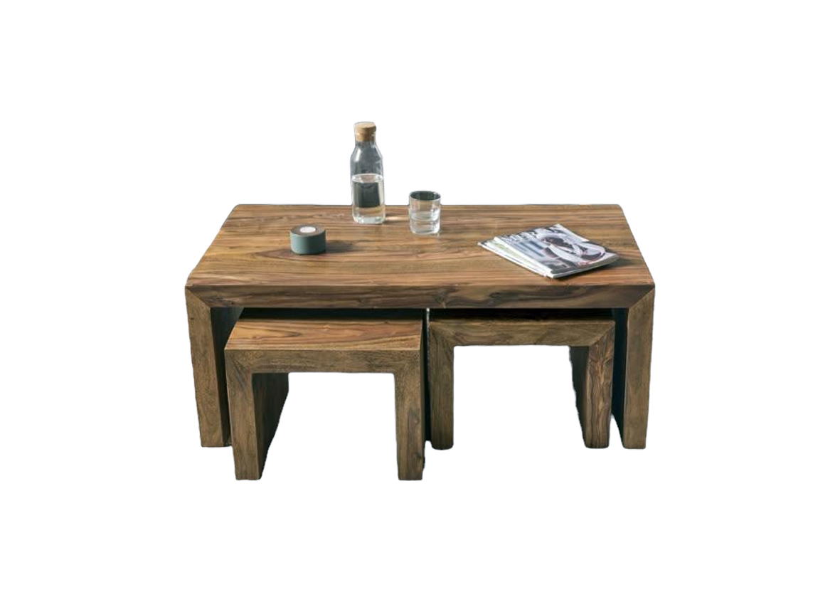 Solid Clear Brown Coffee Table with 2 Matching Wooden Stools