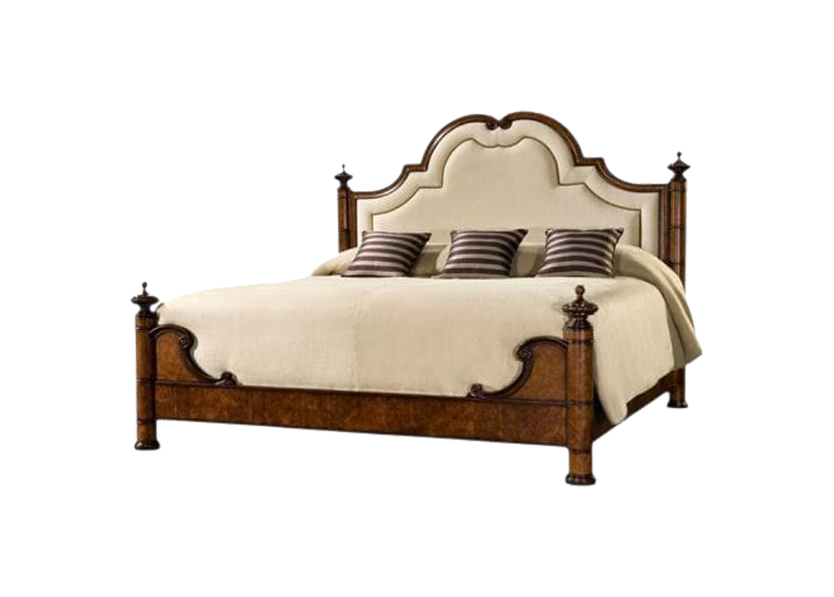 Antique Clear Dark Solid Bed with White Leather Panels