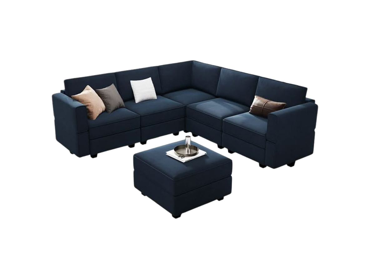 Navy Blue L-Shaped 5-Seater Sofa