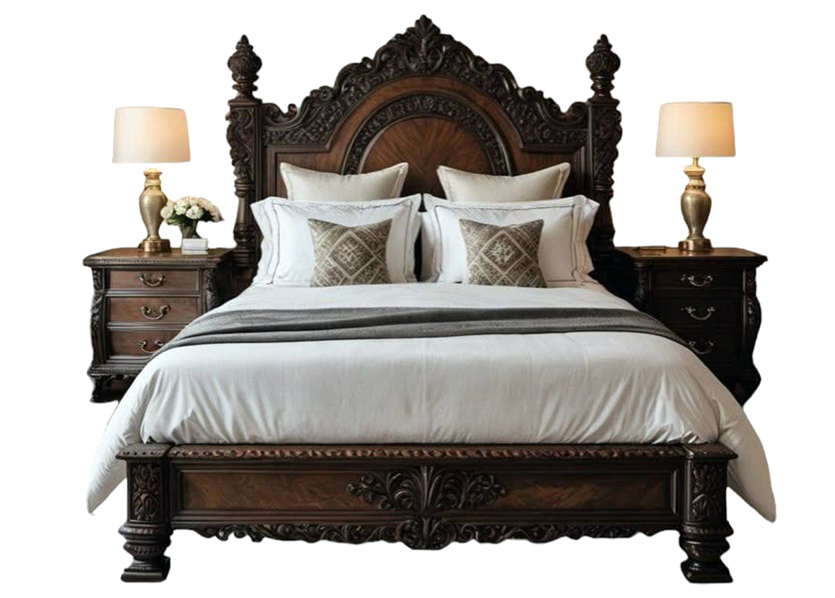 Antique King Size Bed with Matching Side Cabinets