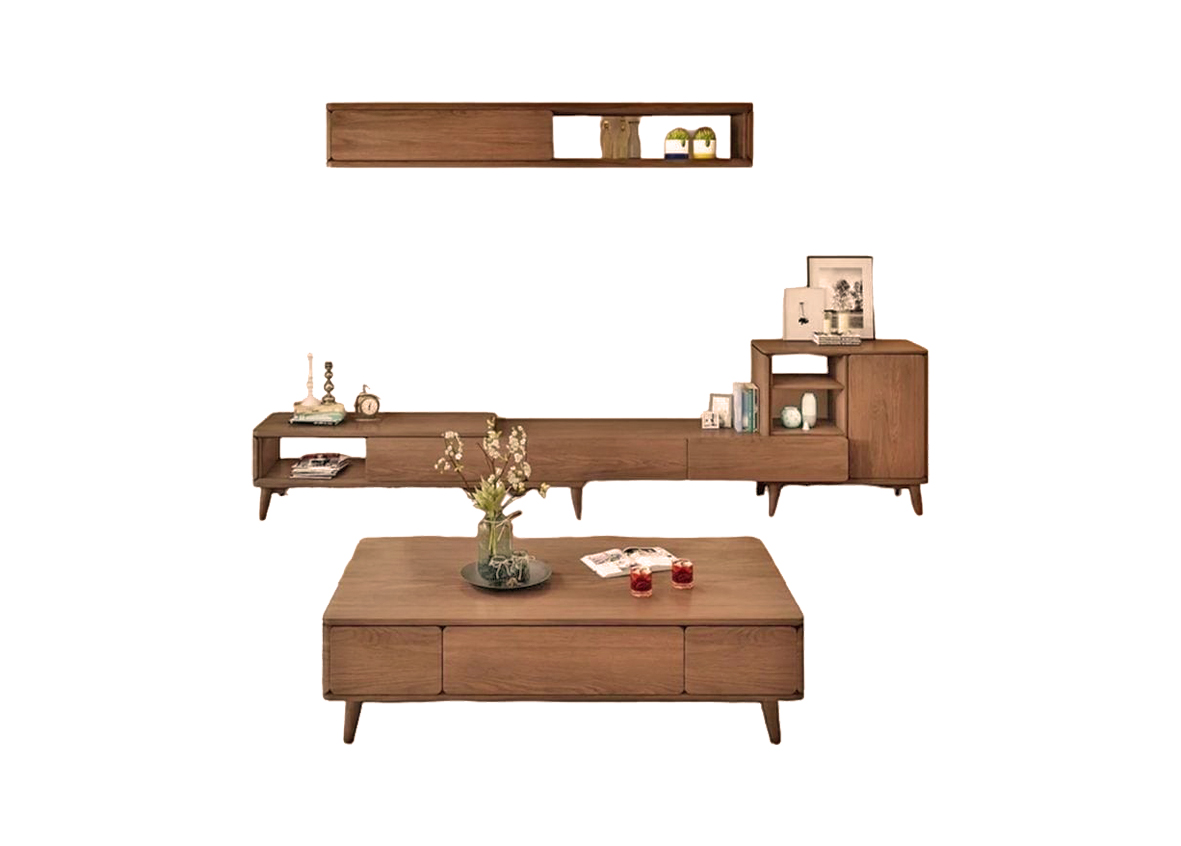 Clear Brown Hardwood TV Stand with Matching Coffee Table