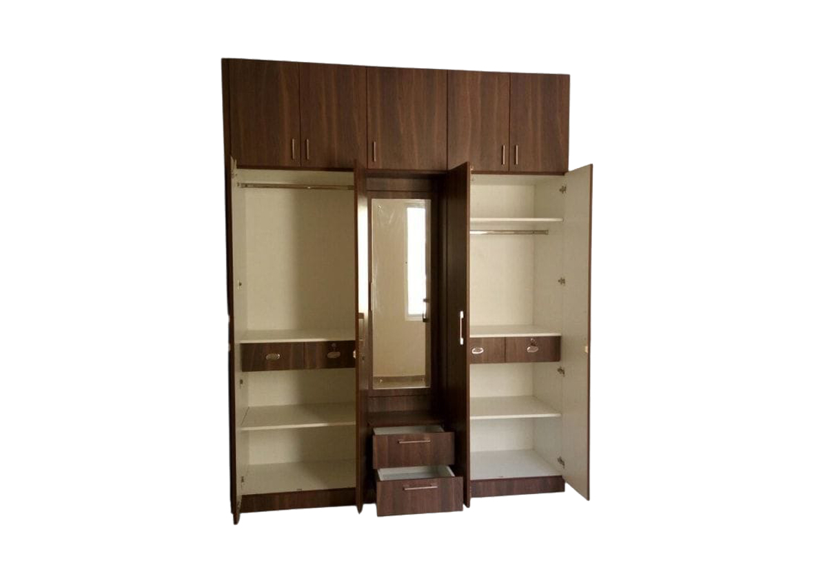 Clear Multi-Door Wardrobe with Center Drawers, Dressing Mirror & Overhead Drobes