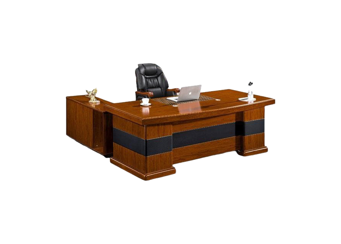 Clear Solid Mahogany Brown & Black Stripe Office Table with chair and movable drawers