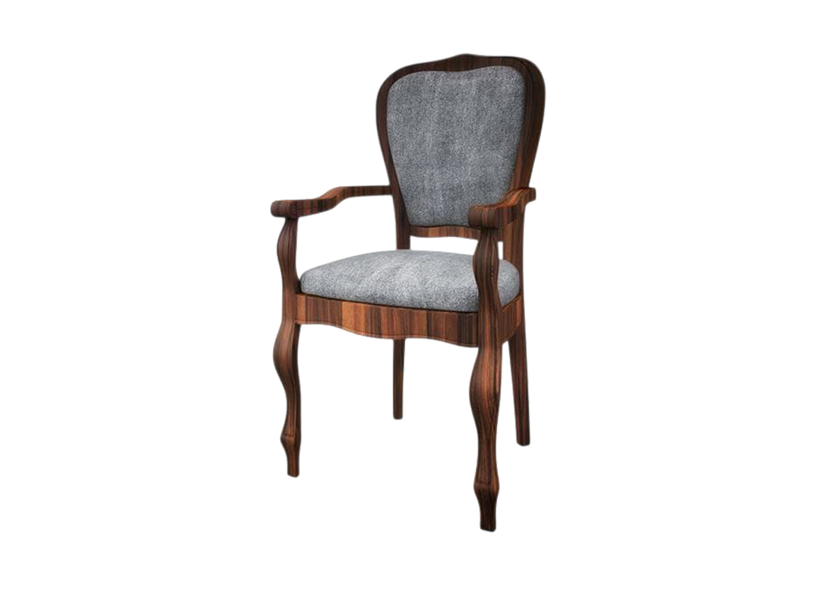 Grey Cushioned Dining Chair with Armrest – Clear Mahogany Frame