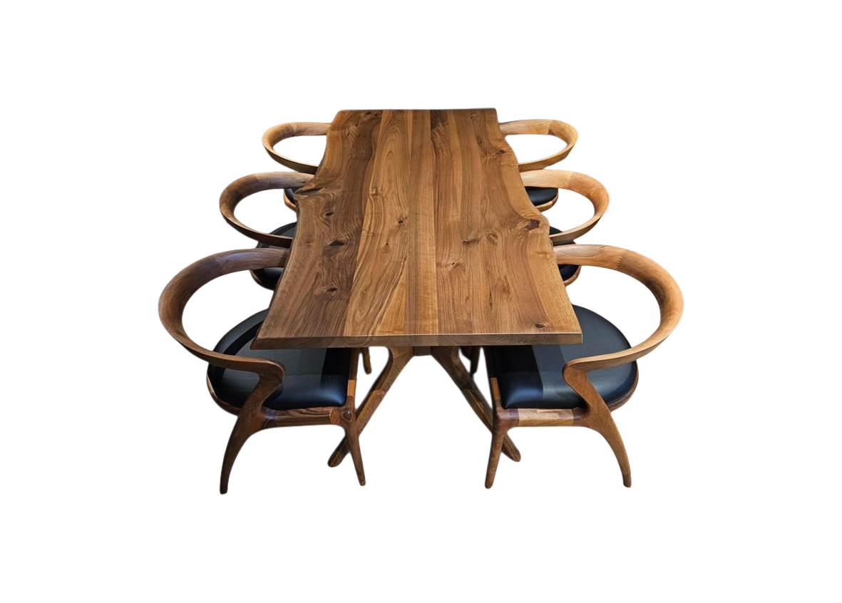 Clear Natural Solid Mahogany Dining Table with Black Leather Seat Chairs