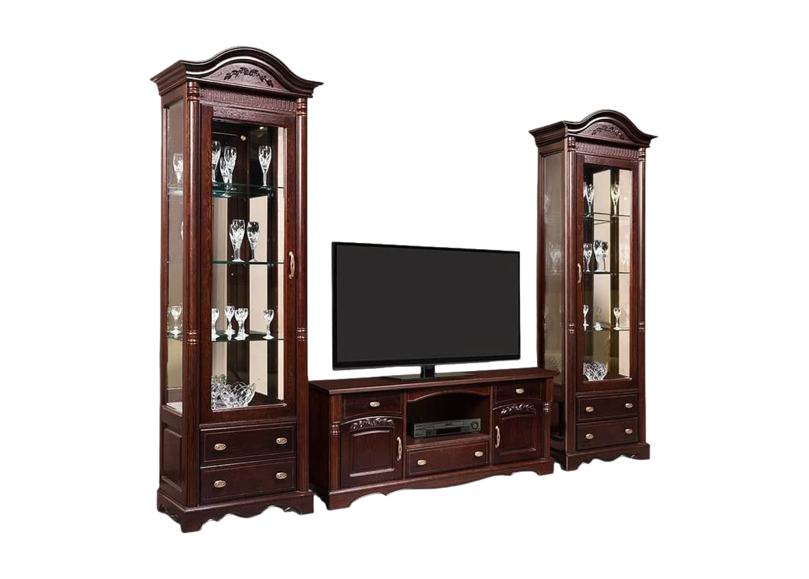 Mahogany TV Cabinet with Dual Glass Side Cabinets – Wine & Glass Storage