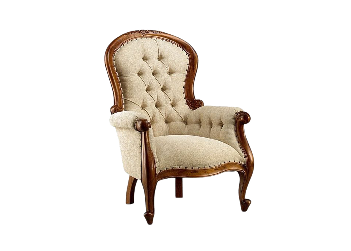 1-Seater Deep Button Chair – Brown Fabric & Clear Mahogany Frame