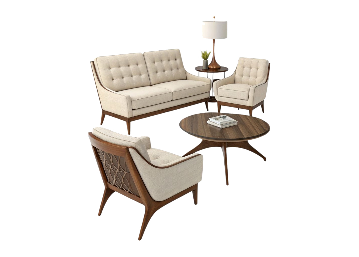 Executive Sweet Beige Sofa Set with Clear Mahogany Frame