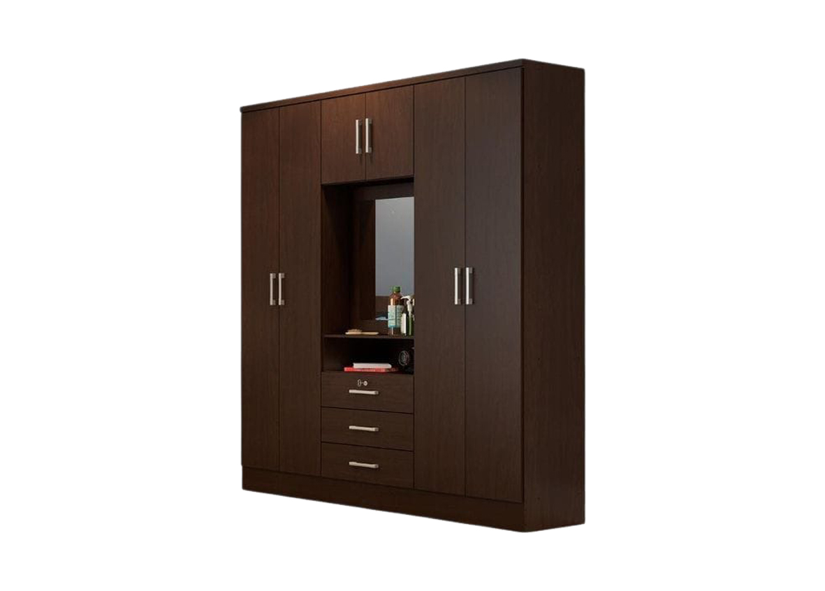 Black Multi-Door Wardrobe with Center Drawers & Dressing Mirror