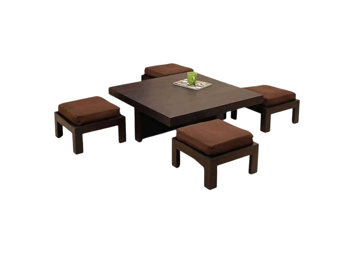 Clear Dark Solid Wood Coffee Table with 4 Cushioned Stools