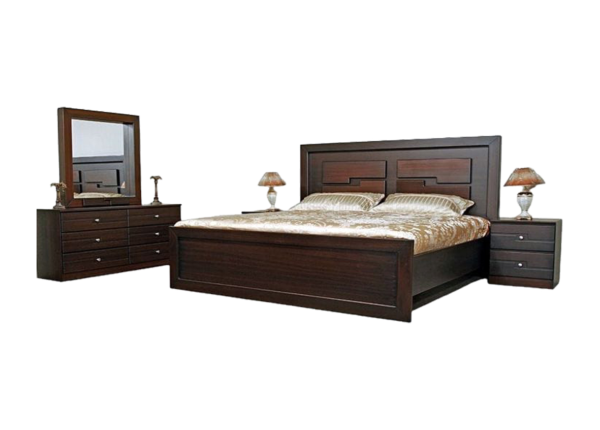 Clear Dark Solid Mahogany Bedroom Set – King Bed, Drawers & Dressing Mirror