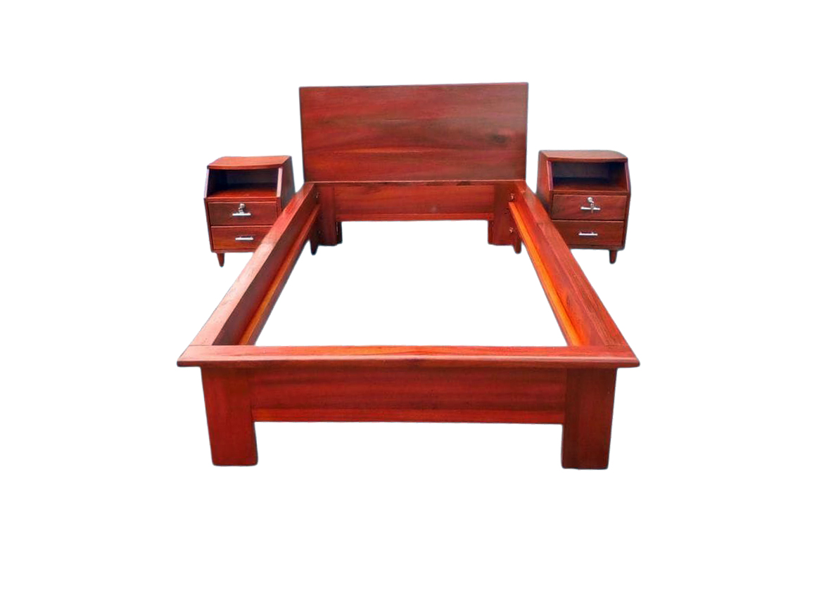 Solid Clear Reddish-Brown Mahogany Bed with Matching Side Drawers