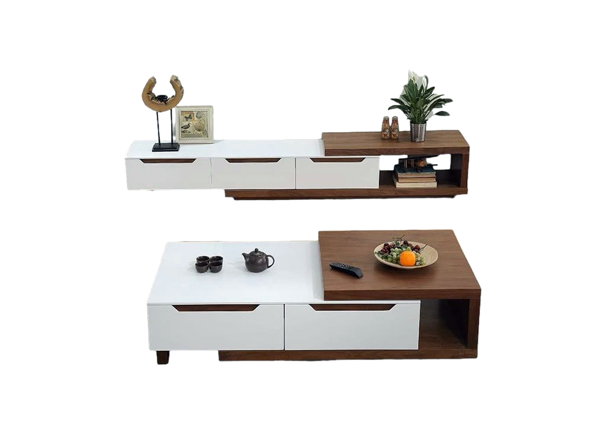 Solid Mahogany TV Stand Console with Matching Coffee Table – White & Brown Finish